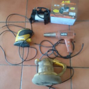 Lot of 4 assorted corded power tools — AEG heat gun, 2 sanders + 12V compressor box (NOT WORKING)
