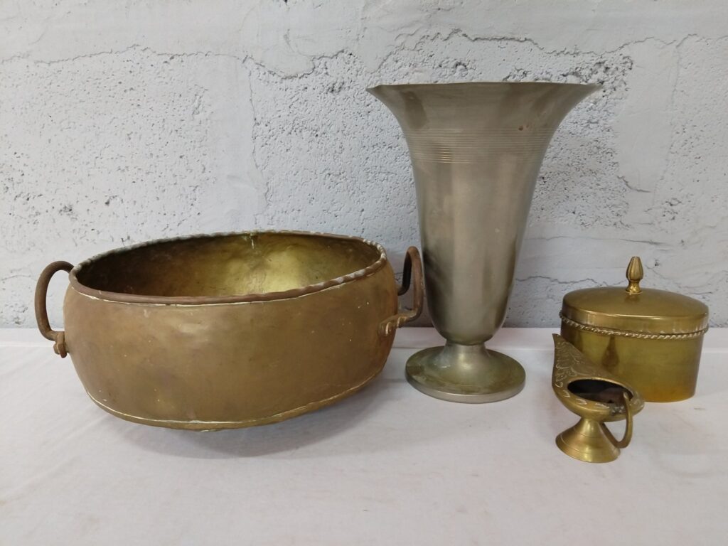 Lot of 5 Solid Brass/Copper Decorative Items — Large Cauldron, Tall Trumpet Vase, Oil Lamp & Lidded Box