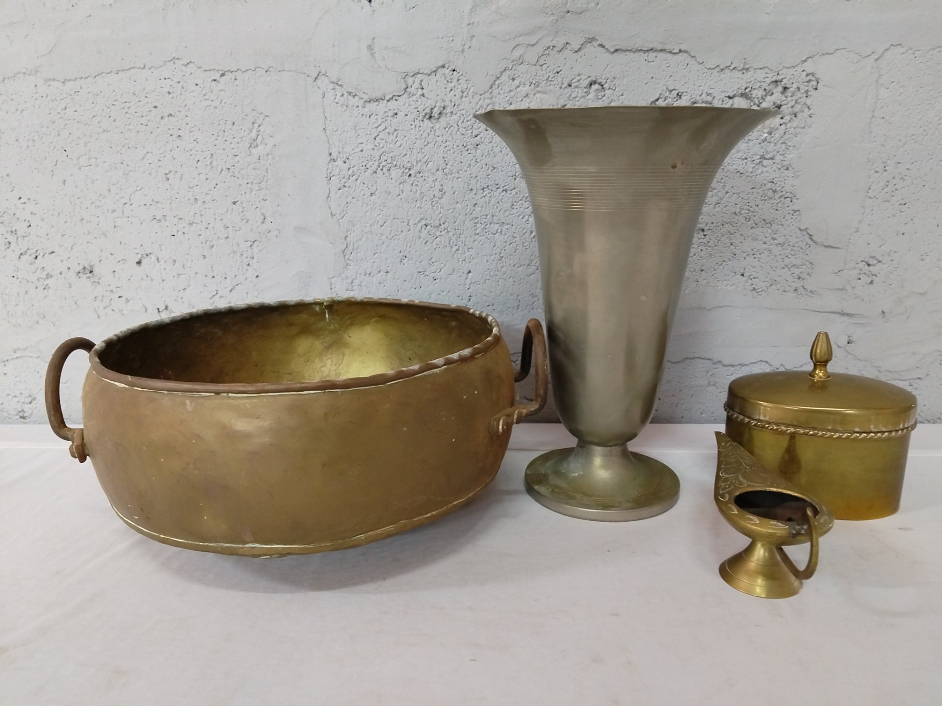 Lot of 5 Solid Brass/Copper Decorative Items — Large Cauldron, Tall Trumpet Vase, Oil Lamp & Lidded Box