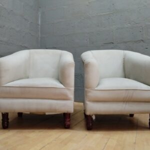 Pair of Beige Upholstered Tub / Club Chairs — Used, Stains & Tears, Turned Wooden Legs (71 x 65 x 87cm each)