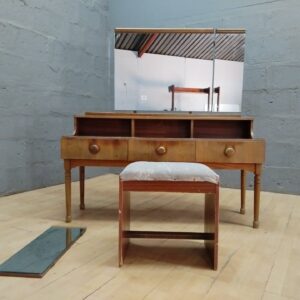 Wood Dressing Table / Vanity with Three-Panel Mirror & Stool — worn, mirror cracked, panels detached