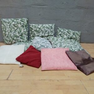 Lot of 10 Assorted Cushions with Inserts — Leaf-print seat/back cushions + assorted decorative cushions