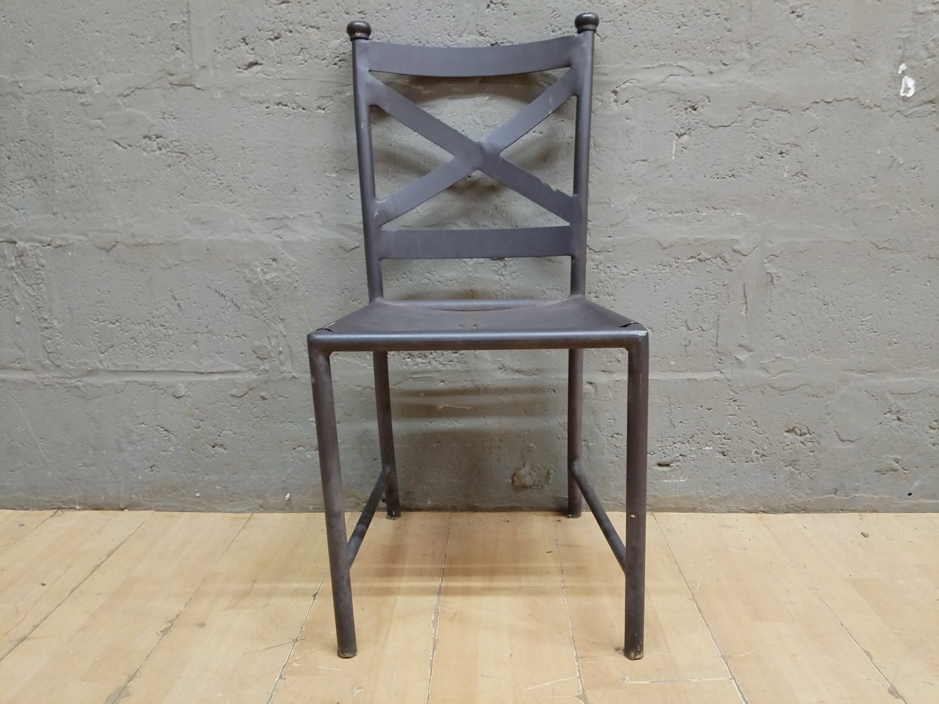 Welded Metal Dining Chair with X-Back — Industrial, Solid Frame, Worn Finish