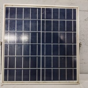 Small polycrystalline solar panel with junction box & cable — used, surface cracks & frame corrosion