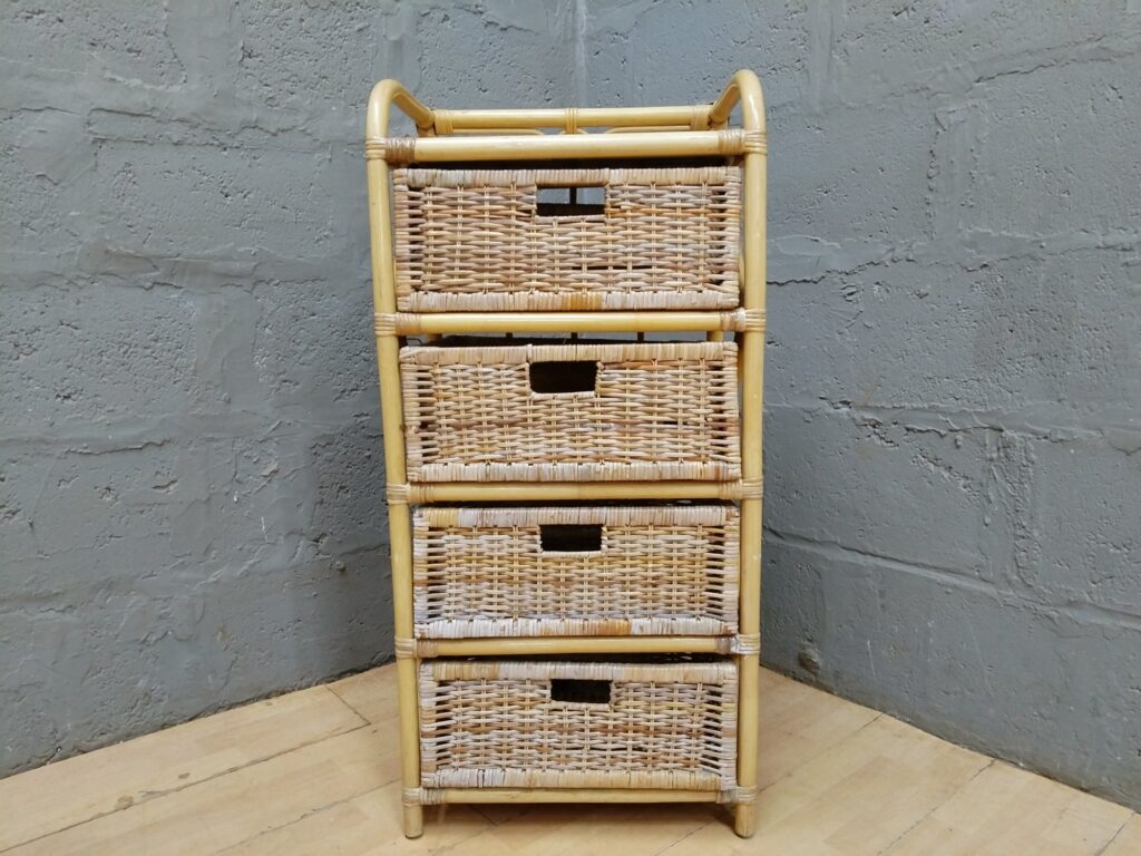 Rattan / wicker 5-drawer storage chest (bamboo frame) — 50 × 35 × 104 cm — used, wicker damage