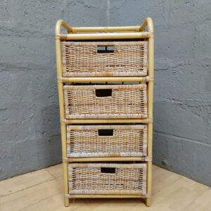 Rattan / wicker 5-drawer storage chest (bamboo frame) — 50 × 35 × 104 cm — used, wicker damage