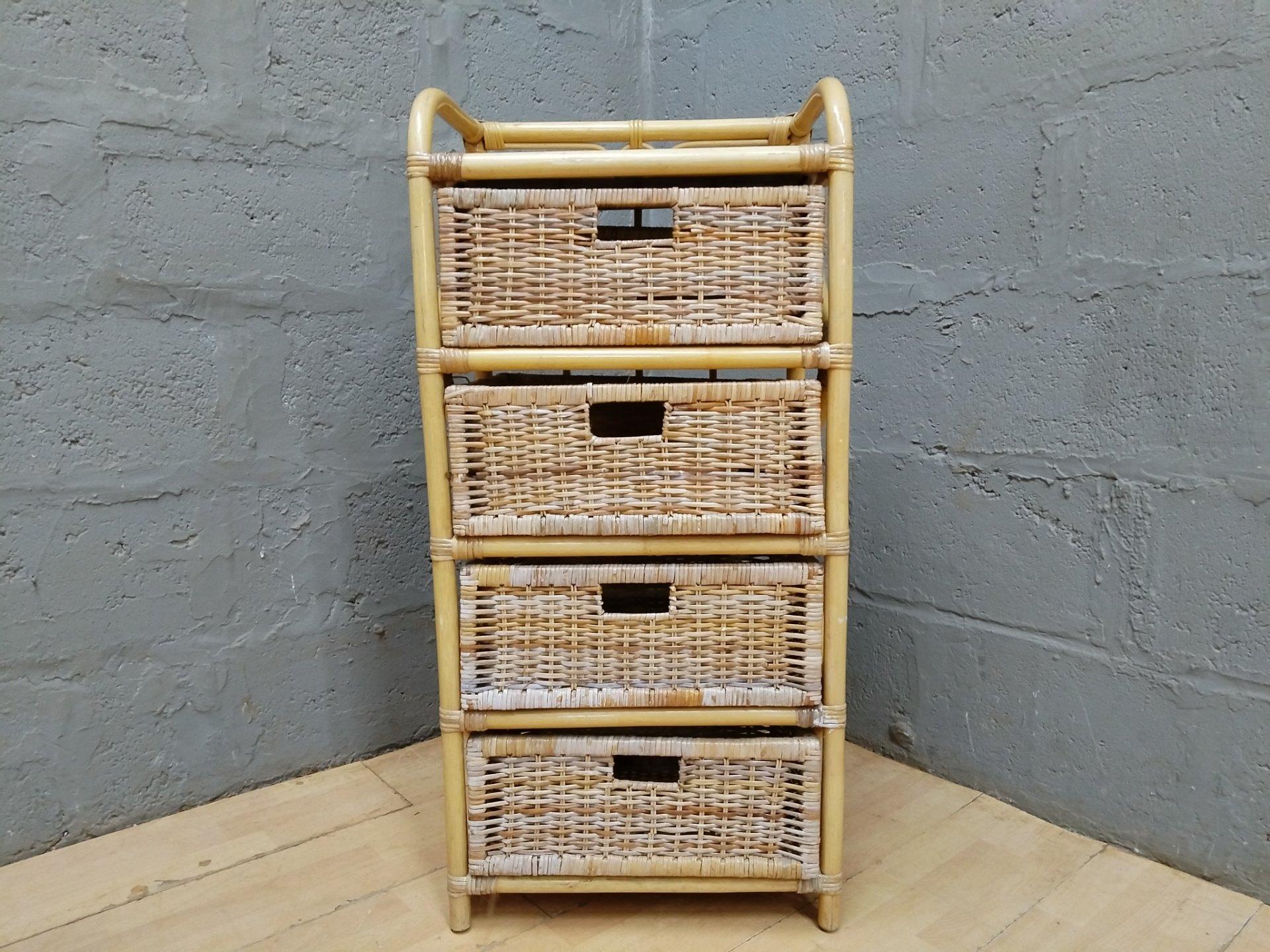 Rattan / wicker 5-drawer storage chest (bamboo frame) — 50 × 35 × 104 cm — used, wicker damage