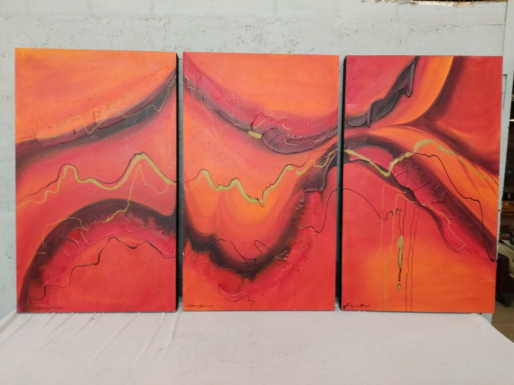 Signed abstract triptych — three stretched canvases, bold red-orange impasto texture