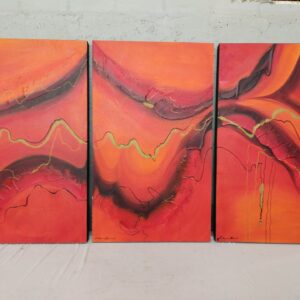 Signed abstract triptych — three stretched canvases, bold red-orange impasto texture