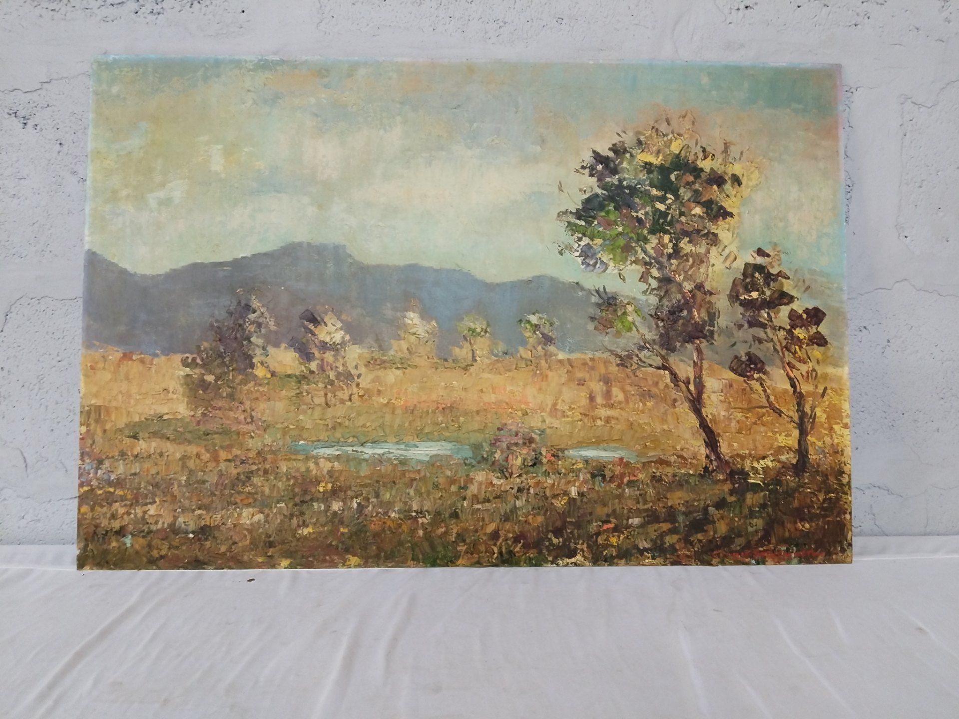 Original impasto oil landscape on board (signed lower right, illegible) — 91 x 61 cm, unframed