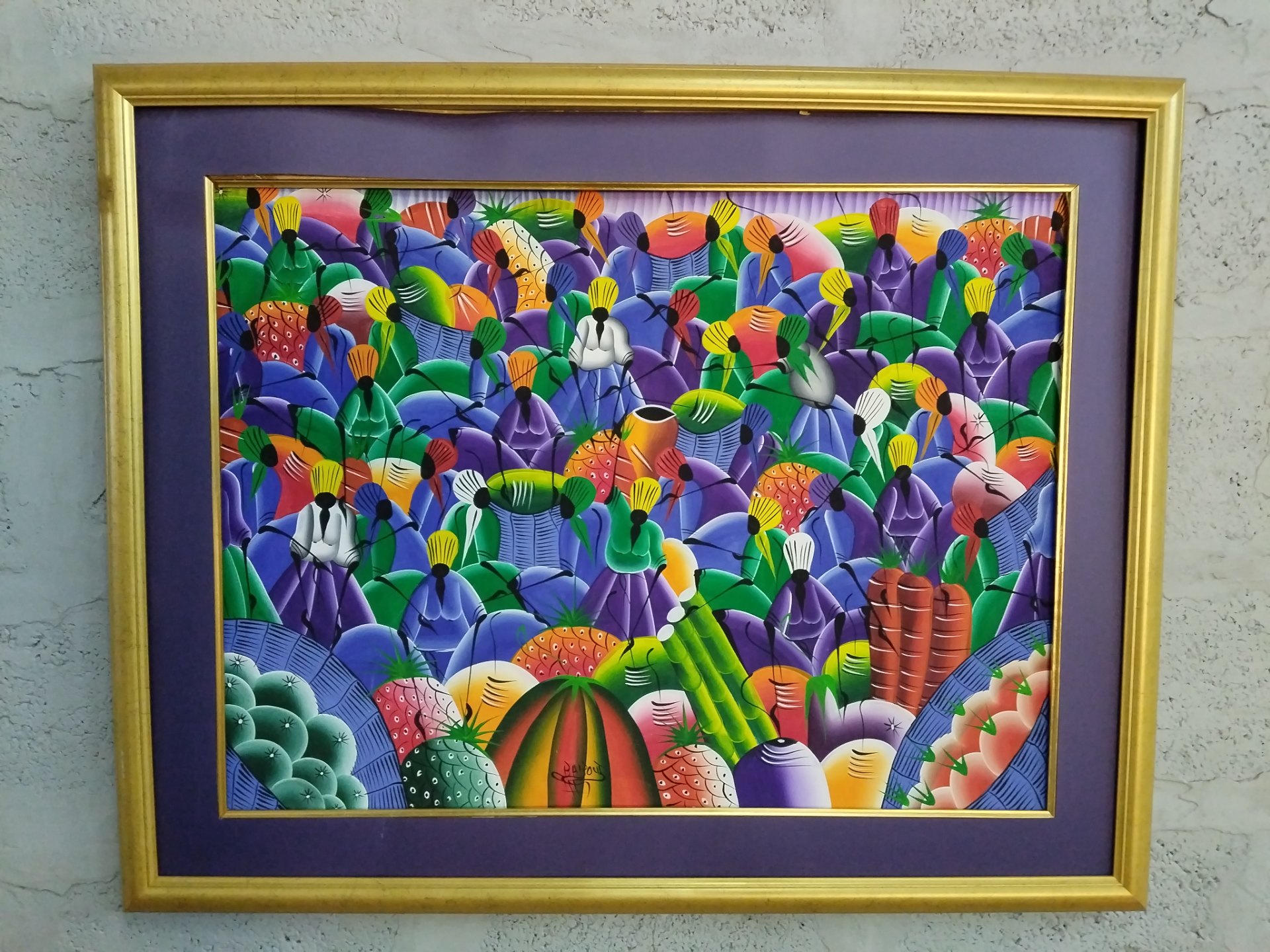 Framed signed colourful painting with purple double mat — 114 x 91 cm (framed)