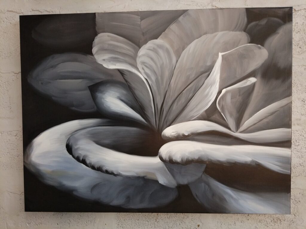 Large monochrome stretched canvas — grey & white floral, 120 × 90 cm (unframed)