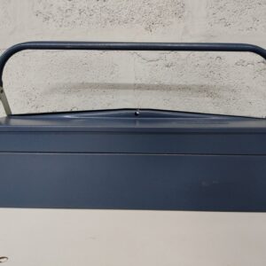 Blue metal cantilever toolbox – portable with locking latch, dented lid & surface wear