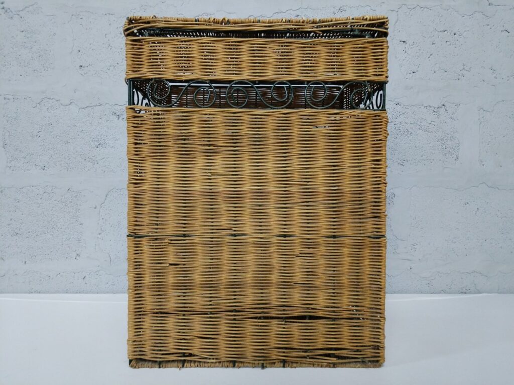 Tall Wicker Storage Box / Hamper with Decorative Metal Scroll Frame and Hinged Lid