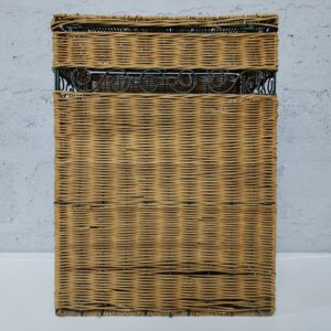 Tall Wicker Storage Box / Hamper with Decorative Metal Scroll Frame and Hinged Lid