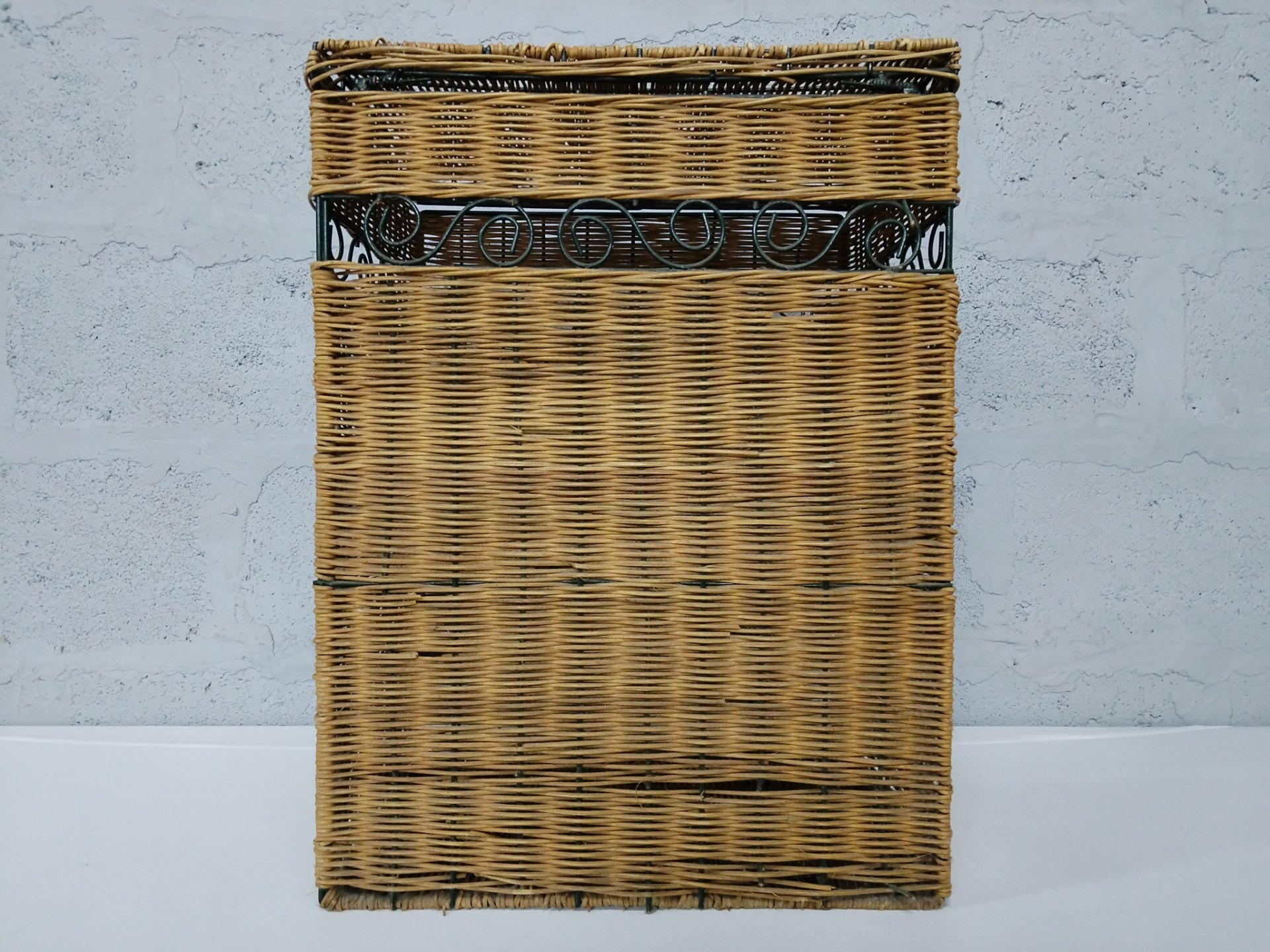 Tall Wicker Storage Box / Hamper with Decorative Metal Scroll Frame and Hinged Lid