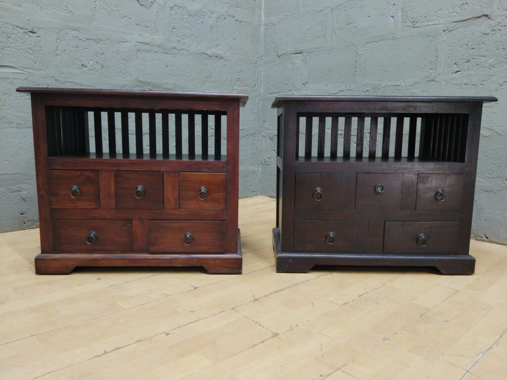 Pair of Small Wooden Bedside / Side Cabinets — Slatted Open Shelf + Multiple Small Drawers (2 pcs)
