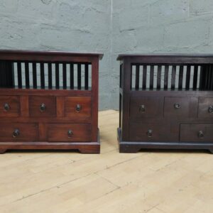 Pair of Small Wooden Bedside / Side Cabinets — Slatted Open Shelf + Multiple Small Drawers (2 pcs)