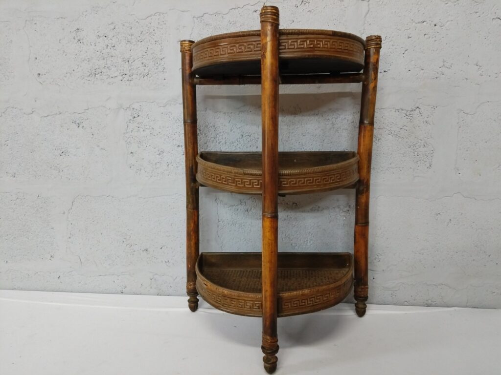 Three-tier semicircular bamboo-style corner shelf / etagere — Greek‑key frieze, turned feet