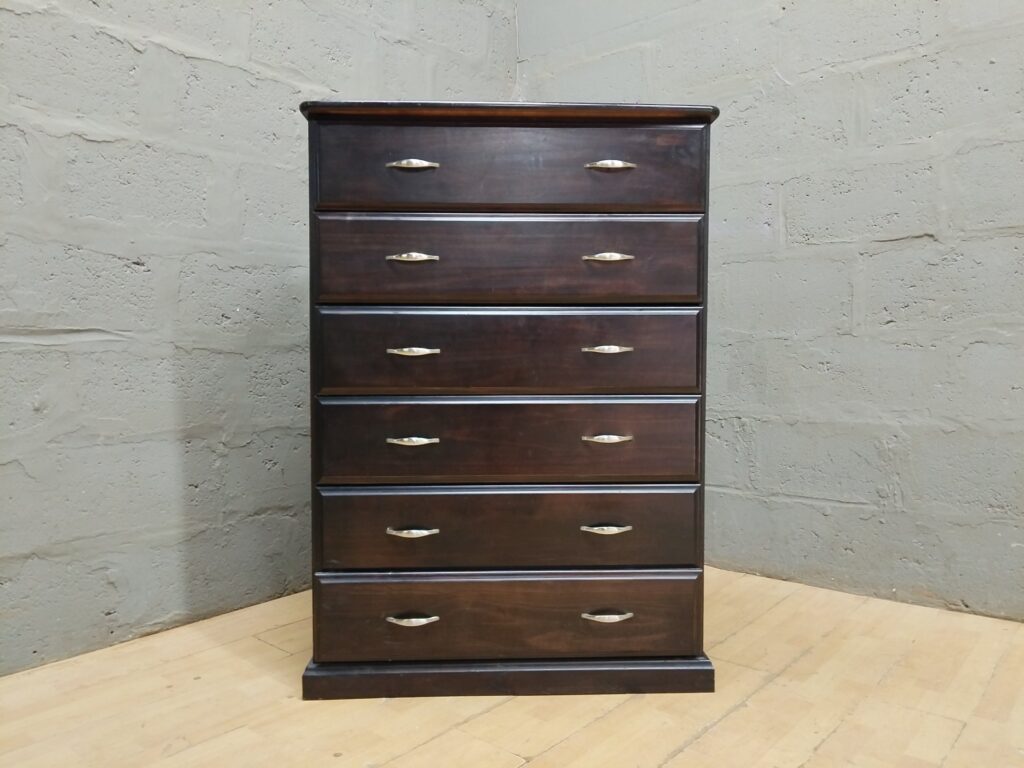 Dark-stained Tallboy Chest of Drawers — 7-drawer tall chest with metal handles, used condition