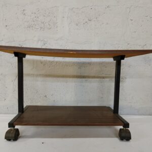 Two-tier wood-look trolley on castors — black metal frame, used with edge chips