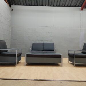 4-piece lounge seating set — 2‑seater loveseat, 2 armchairs + glass-top coffee/ottoman (grey, metal frame)
