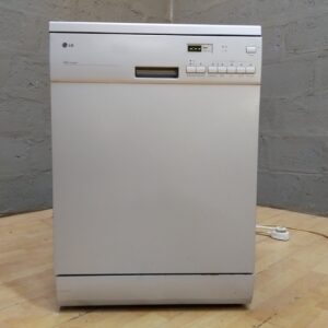 LG freestanding dishwasher LD-2131SH — powers on, racks, hoses included, visible cosmetic wear