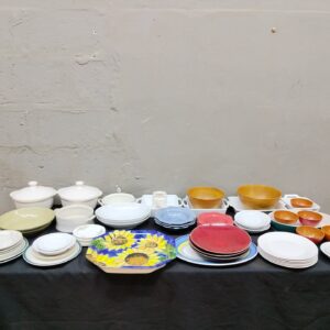 Mixed Dinnerware Bulk Lot — approx. 48 pieces (plates, bowls, serving dishes, lidded casseroles) — used, mixed condition