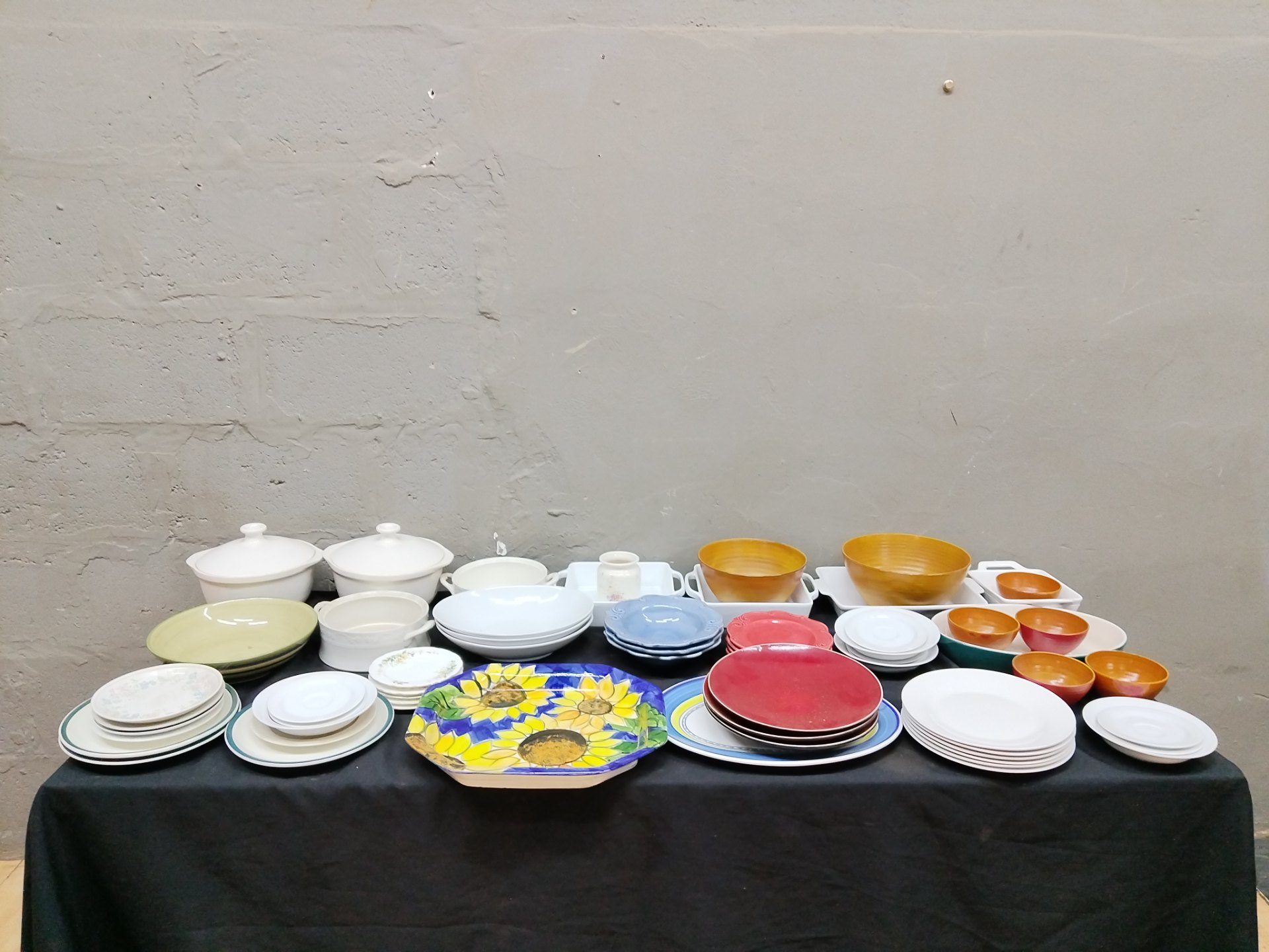 Mixed Dinnerware Bulk Lot — approx. 48 pieces (plates, bowls, serving dishes, lidded casseroles) — used, mixed condition