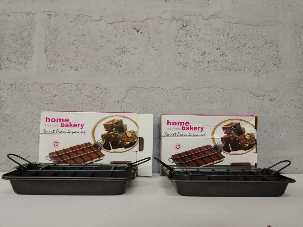 Pair — Home Bakery “Smart Brownie Pan Set” with divider grids, handles & original boxes (used)