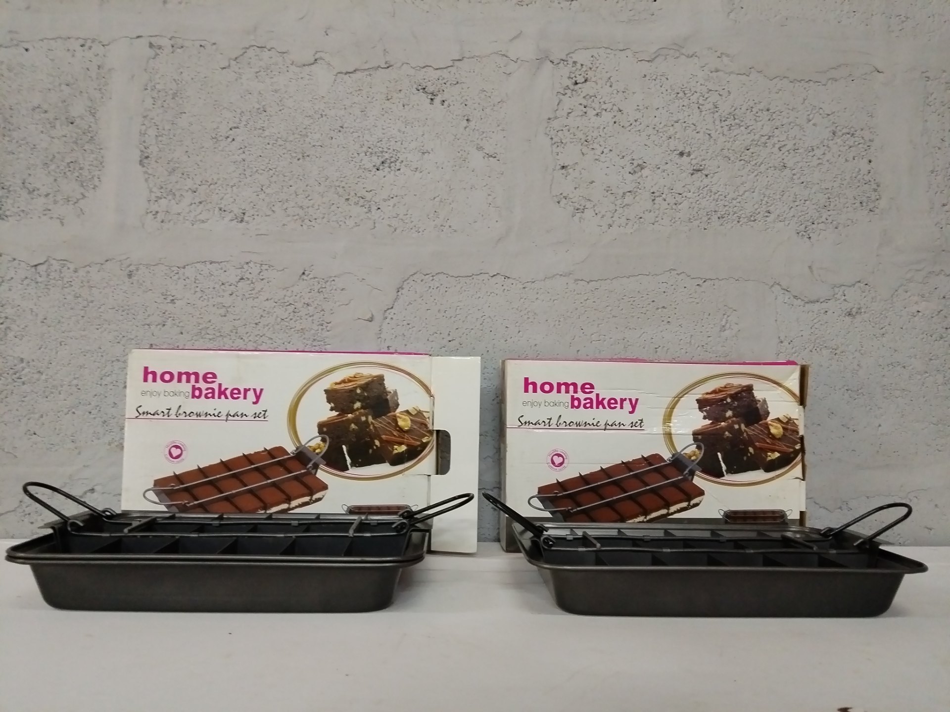 Pair — Home Bakery “Smart Brownie Pan Set” with divider grids, handles & original boxes (used)