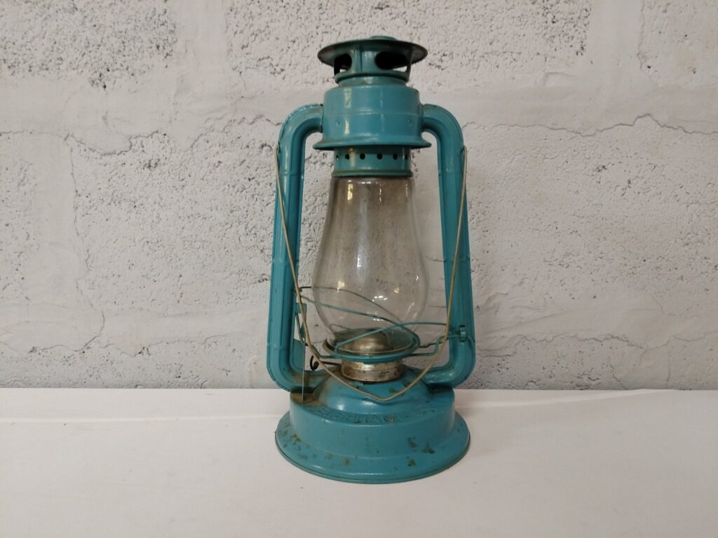 Blue ‘ELEPHANT’ Embossed Metal Kerosene / Hurricane Lantern – Complete with Glass