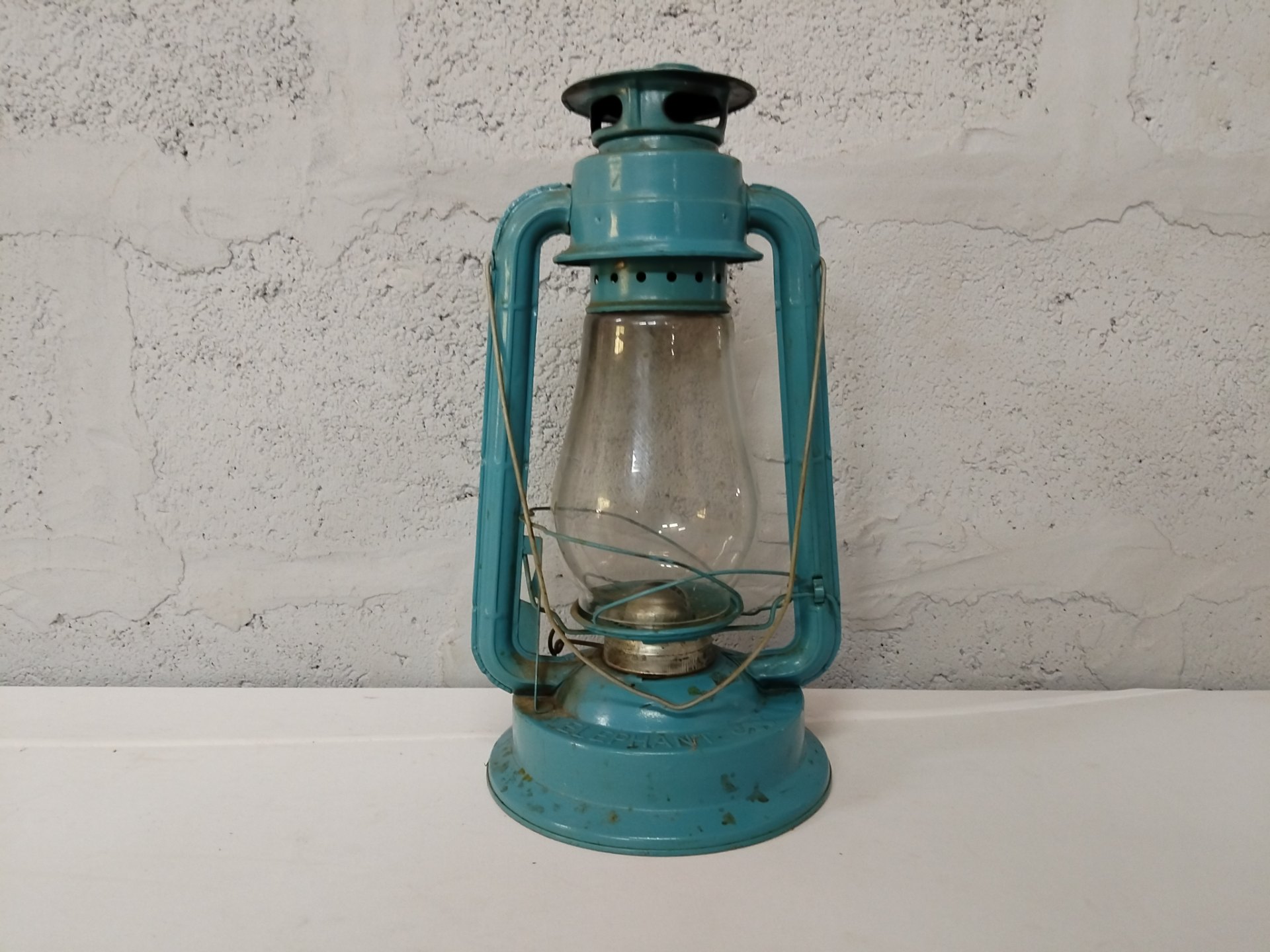 Blue ‘ELEPHANT’ Embossed Metal Kerosene / Hurricane Lantern – Complete with Glass