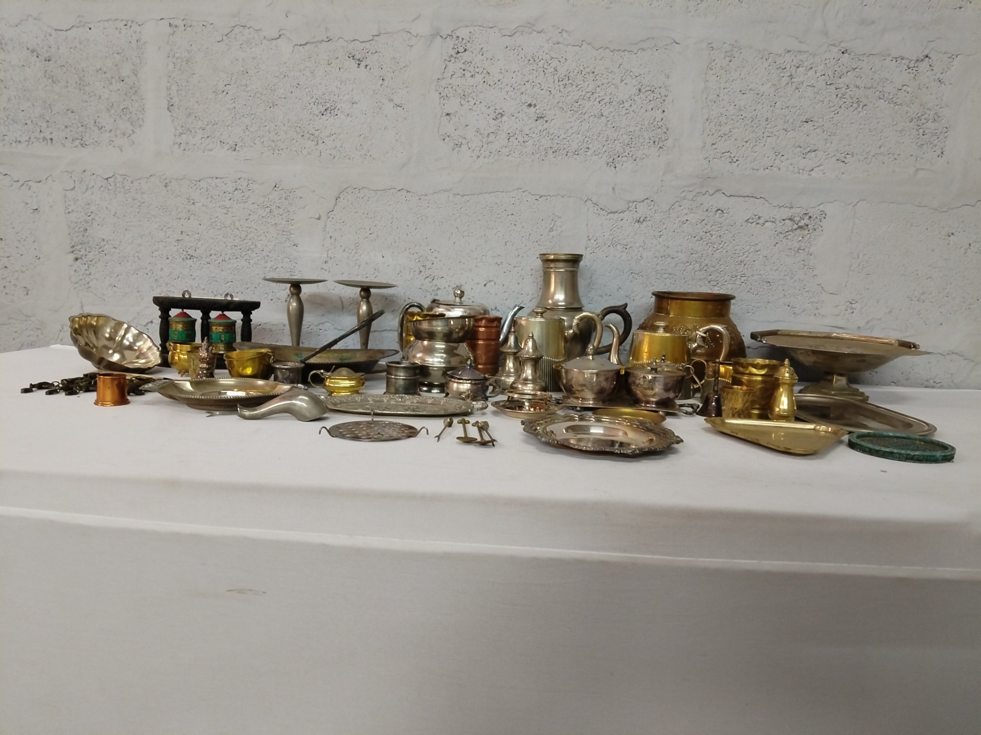 Assorted vintage silverplate & brass tableware lot – trays, teapots, bowls, candlesticks, cruets