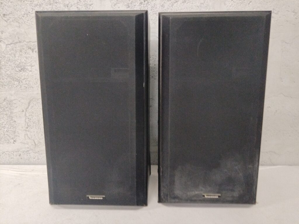 Pair of Diamond passive bookshelf speakers – front grilles fitted, rear spring-clip terminals