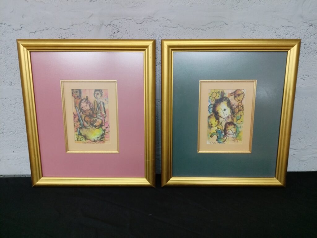 Pair of signed F Claerhout matted mini prints in gilt frames (appears signed ‘Fletcher’) — 47 x 54 cm
