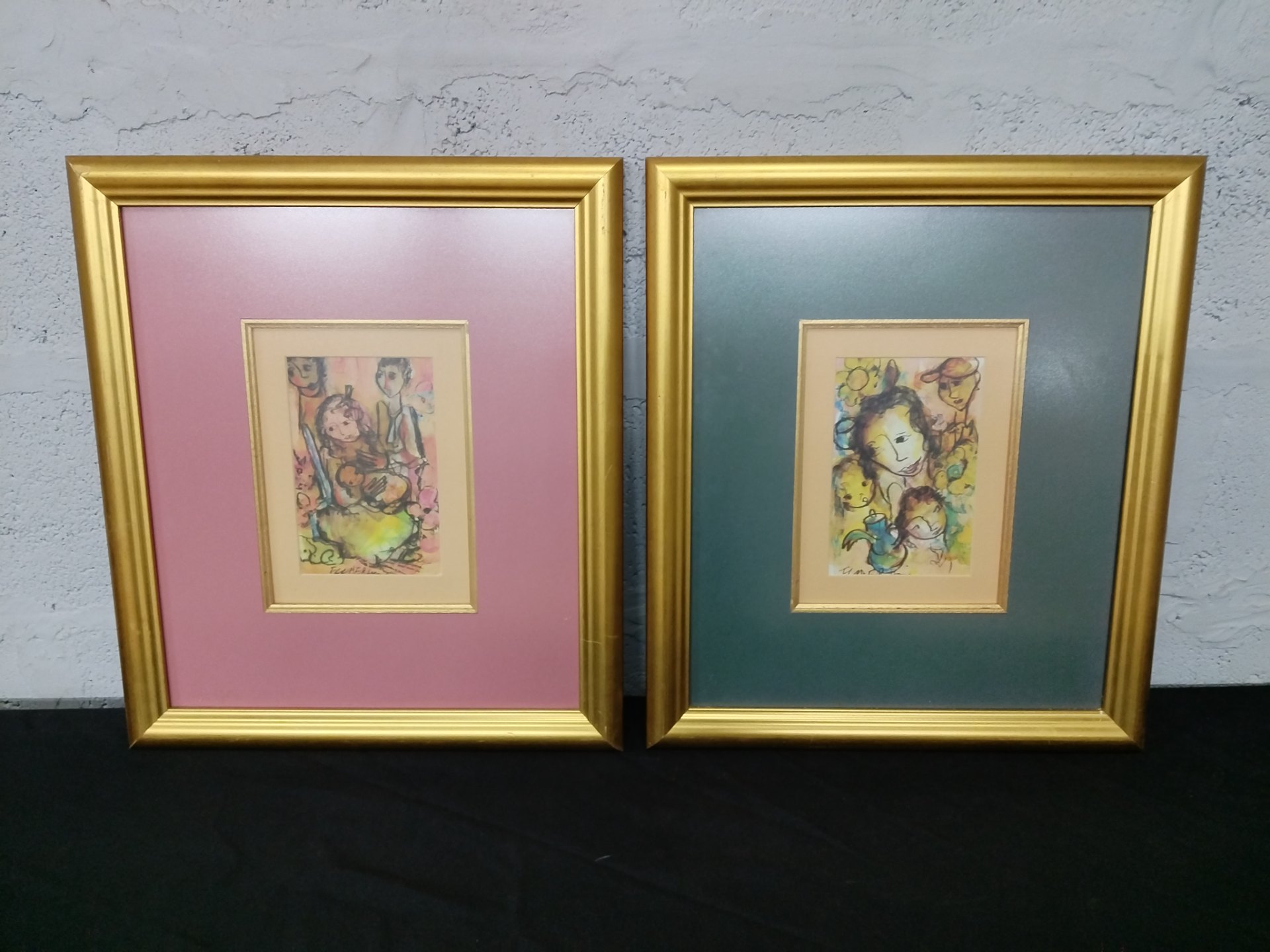 Pair of signed F Claerhout matted mini prints in gilt frames (appears signed ‘Fletcher’) — 47 x 54 cm
