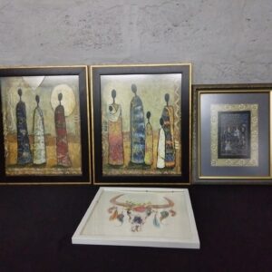 Lot of 4 Framed Wall Artworks – Two Large Matching Textured Prints + 2 Assorted Frames (some damage)