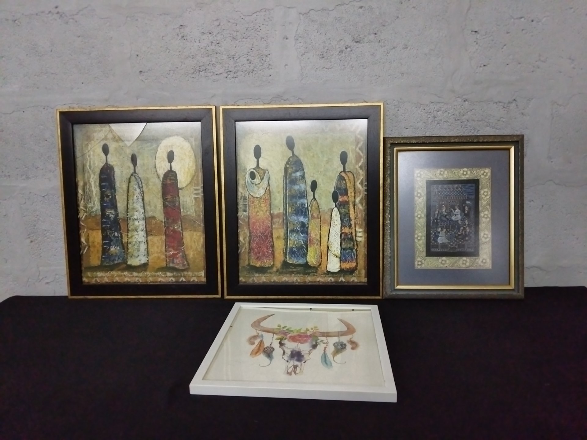 Lot of 4 Framed Wall Artworks – Two Large Matching Textured Prints + 2 Assorted Frames (some damage)