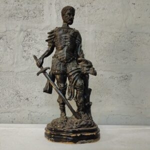 Armoured Warrior Decorative Statue (plaster/chalkware) on Original Oval Wooden Base — Sword & Defeated Head