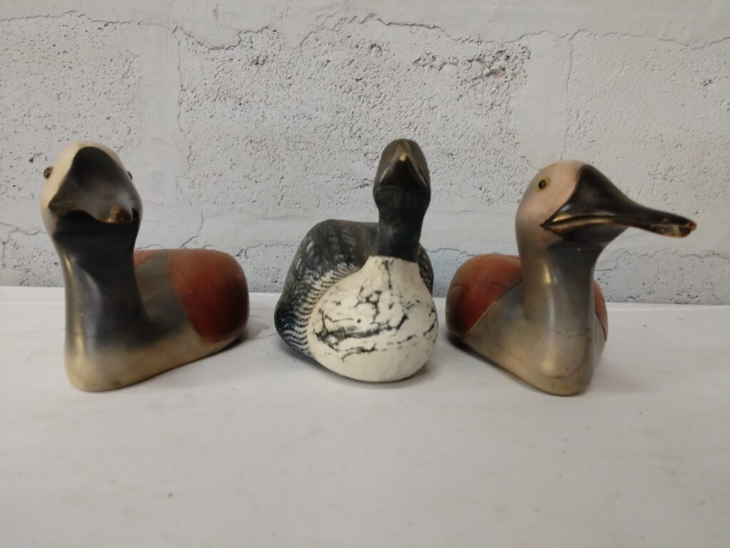 Set of 3 carved wooden bird decoys — maker-stamped underside, decorative display lot