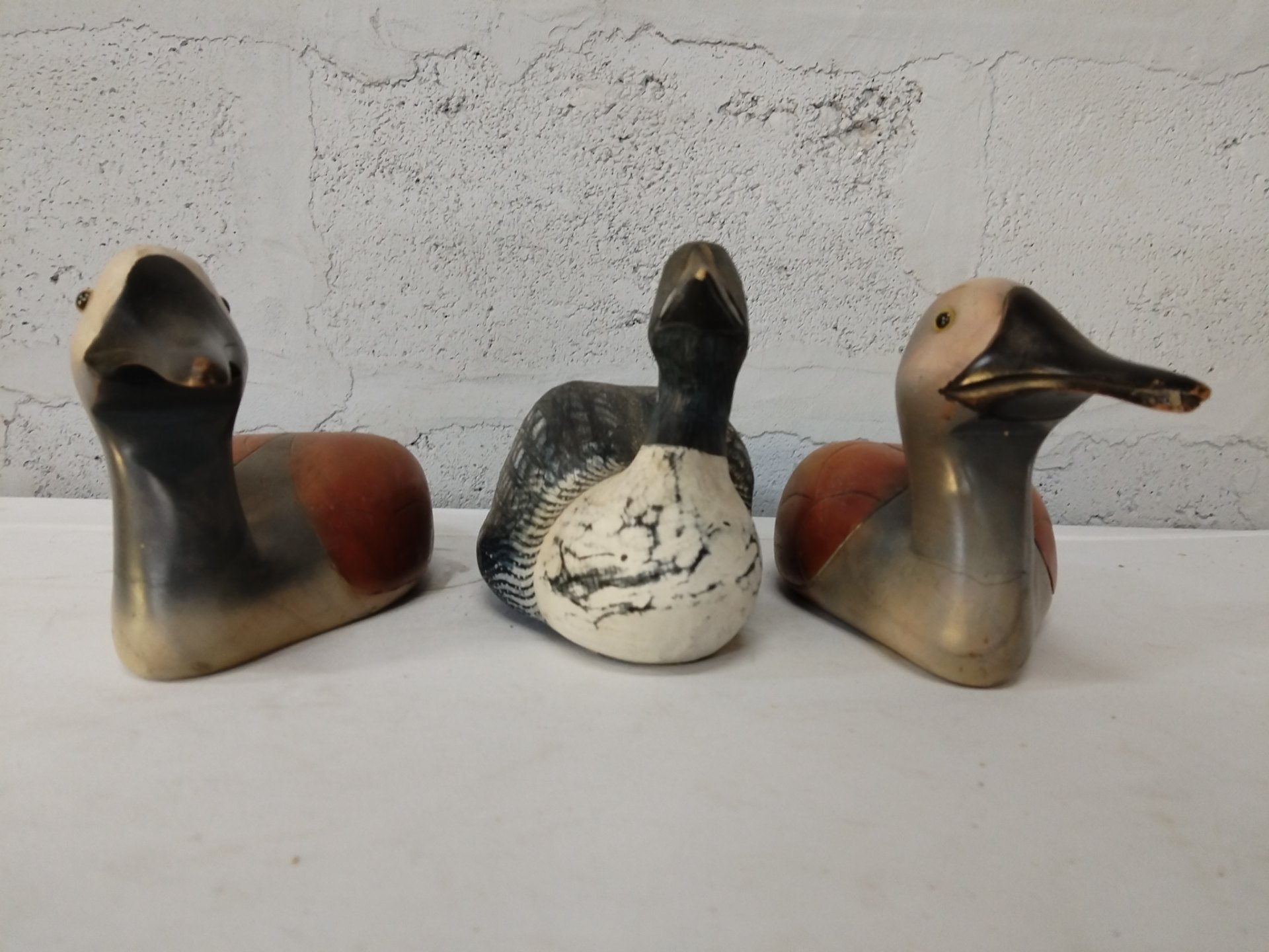 Set of 3 carved wooden bird decoys — maker-stamped underside, decorative display lot