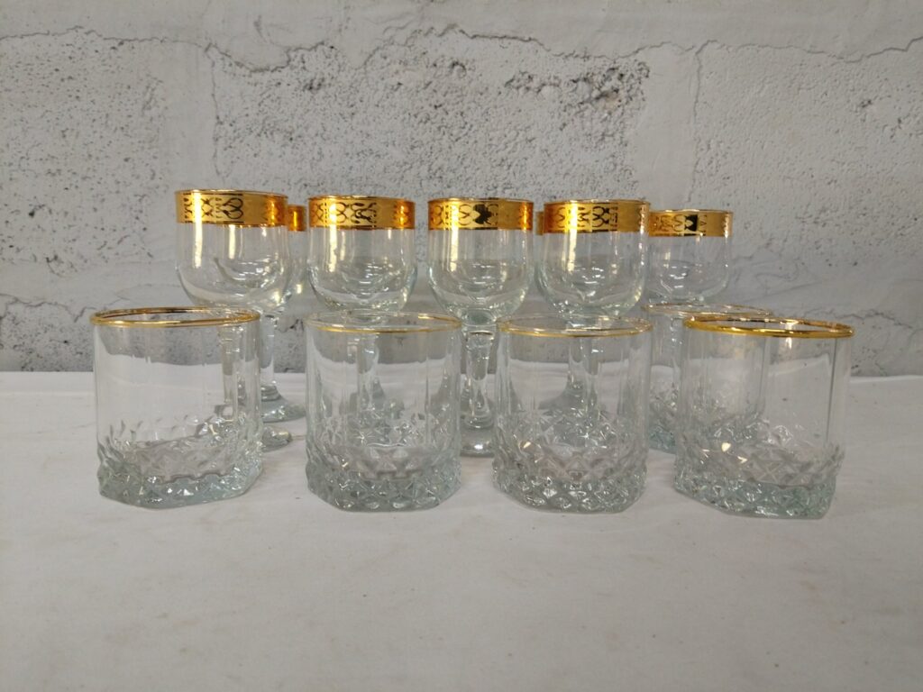 Lot of 14 Clear Glasses with Gold Decorative Rims – 9 Stemmed & 5 Tumblers, used