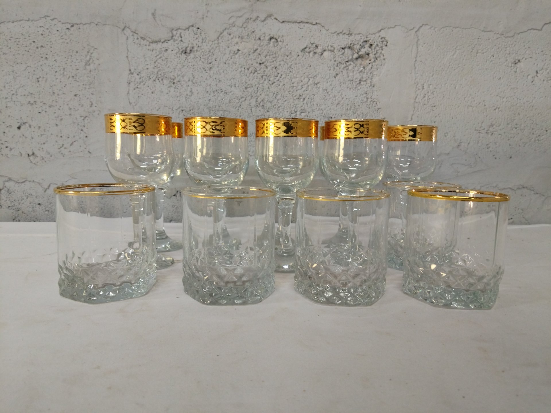 Lot of 14 Clear Glasses with Gold Decorative Rims – 9 Stemmed & 5 Tumblers, used