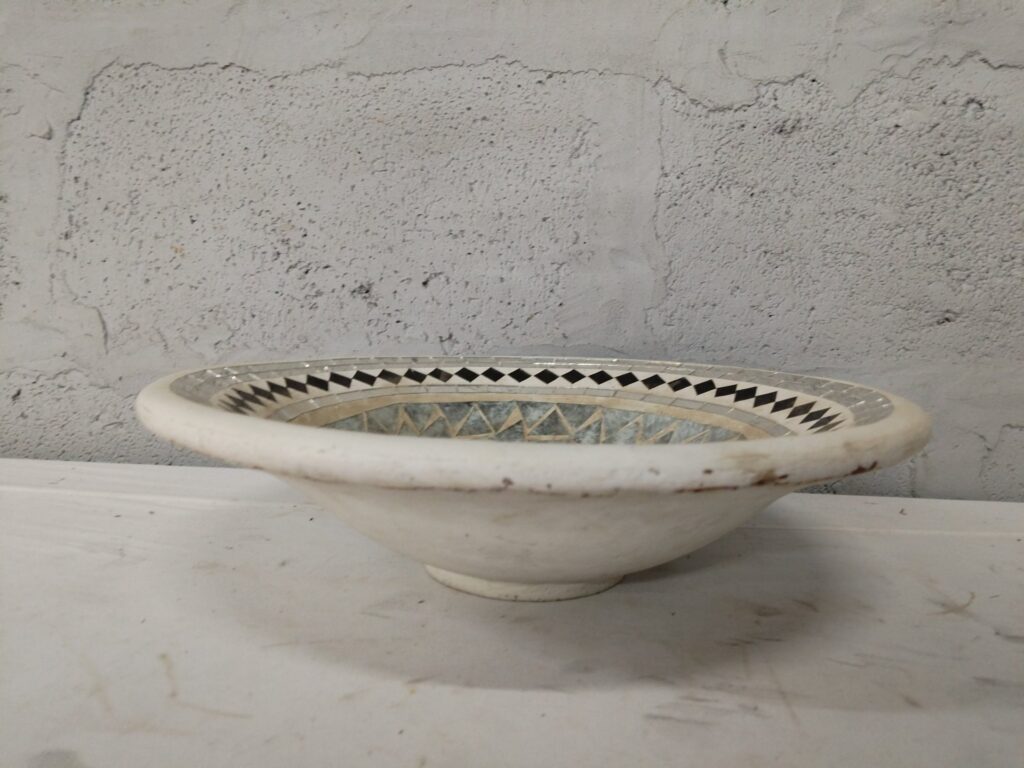 Round mosaic inlay decorative bowl — 37cm diameter, mixed-tile centre, pedestal foot (used, chips & hairline cracks)