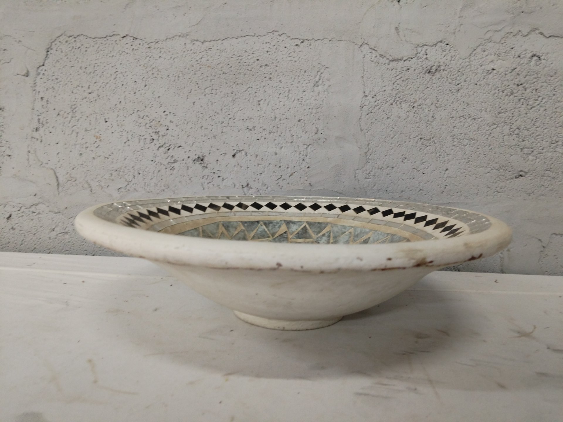 Round mosaic inlay decorative bowl — 37cm diameter, mixed-tile centre, pedestal foot (used, chips & hairline cracks)