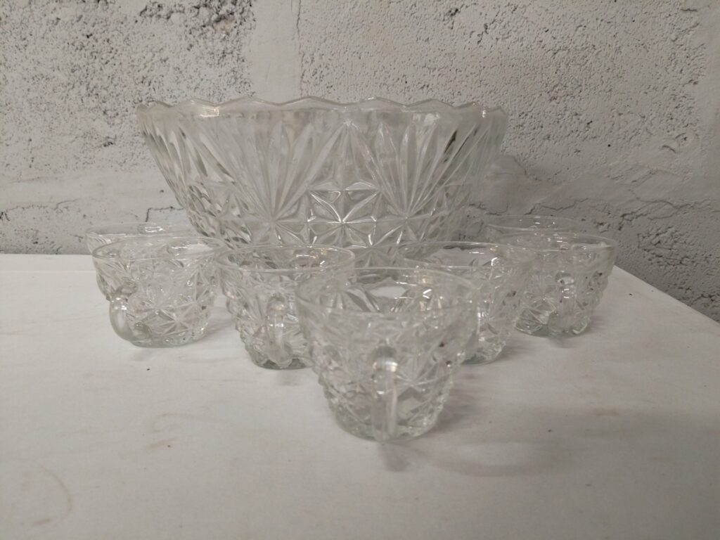 Pressed glass punch bowl set – large scalloped bowl + 7 handled cups (cut/pressed pattern)