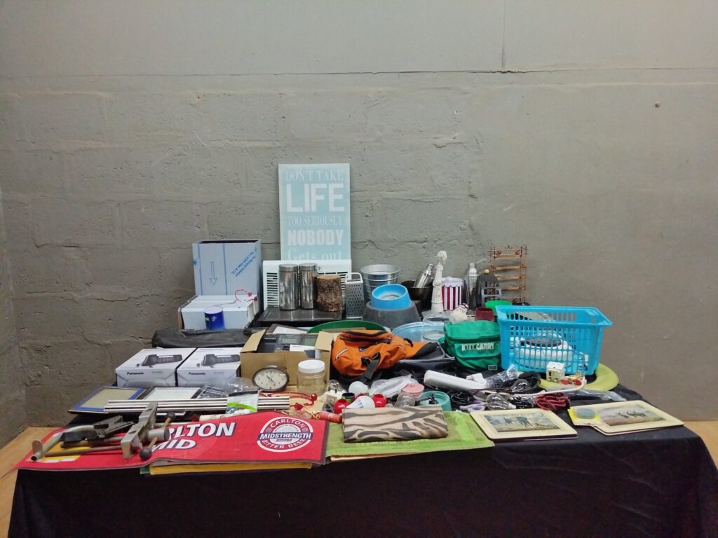 Mixed household lot — boxed Panasonic phones, kitchenware, tools, frames & assorted small items (table-top)