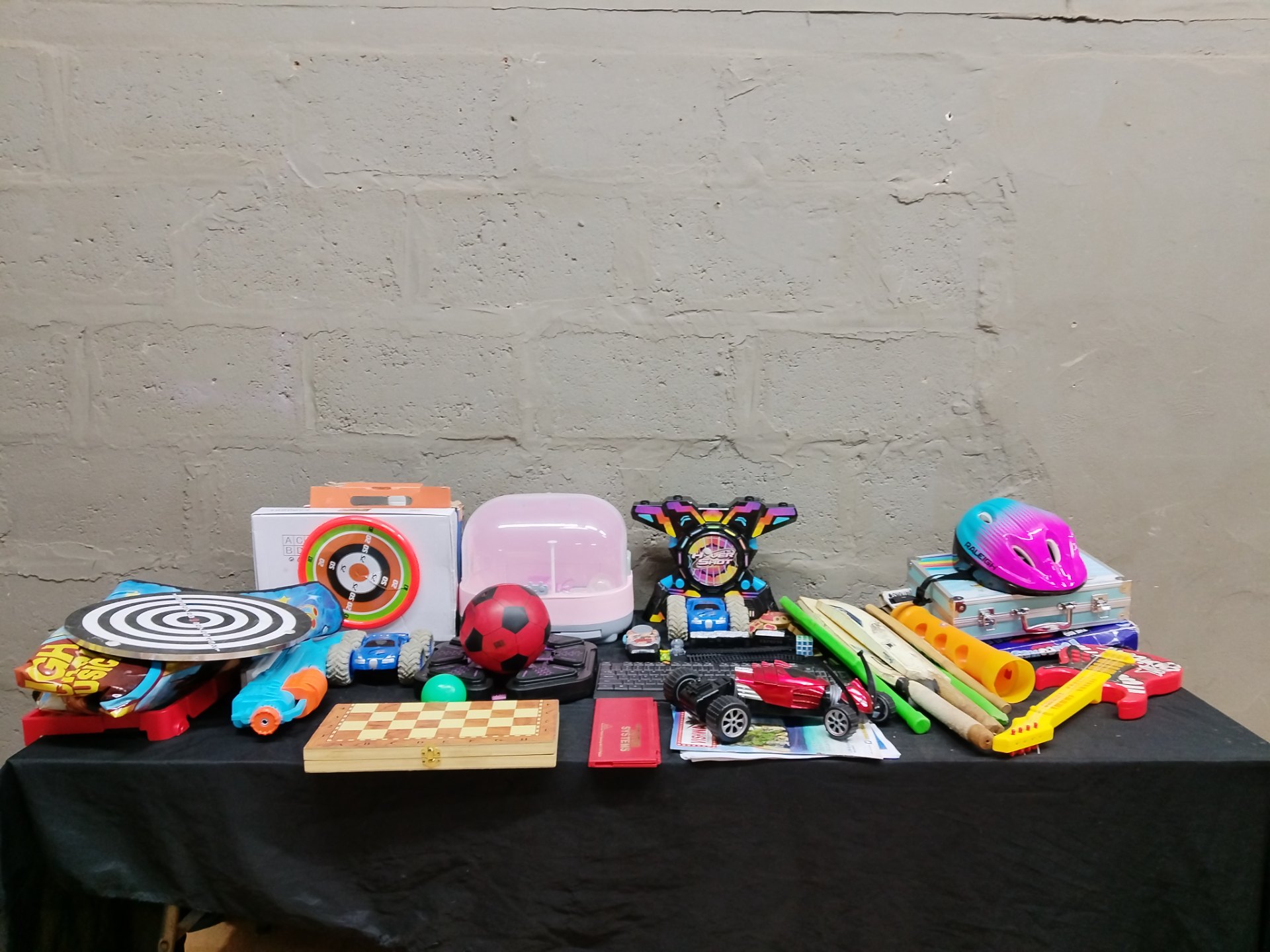 Lot of 18 Mixed Childrens Toys & Games Includes Raleigh Helmet, Chess Set, Toy Cars, Bats (Used, Not Working)