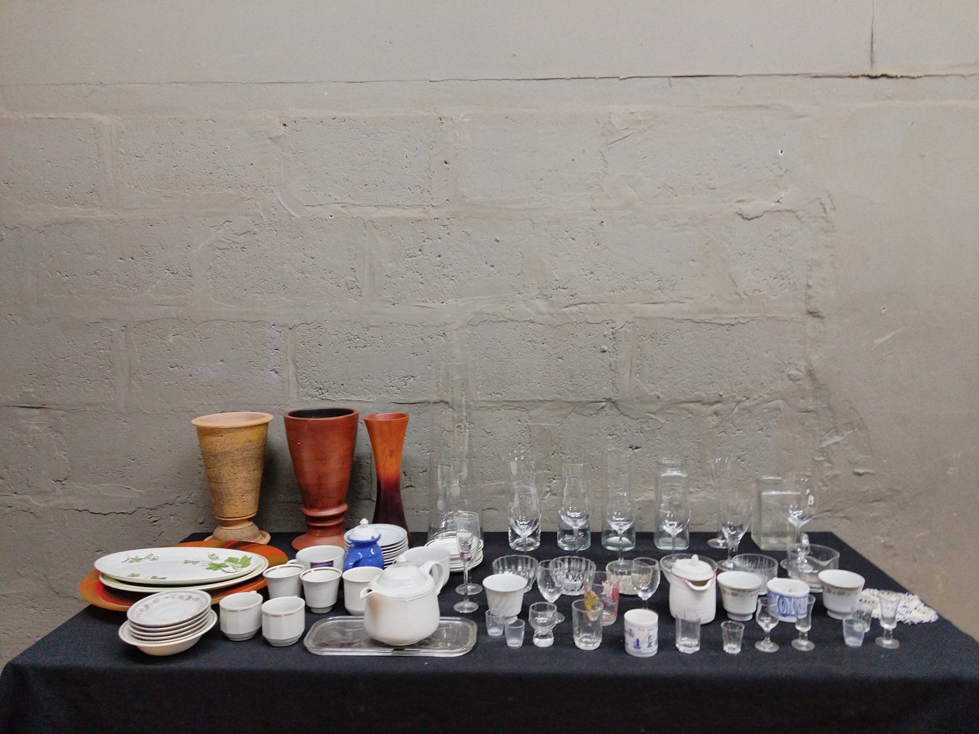 Lot: Assorted Glassware & Ceramics — Approx. 65 Pieces (Vases, Glasses, Cups, Plates, Teapot)
